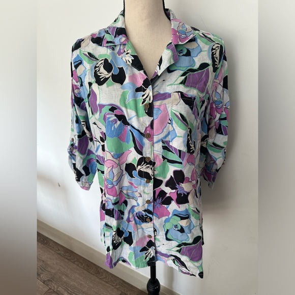Northern Reflections Multi colour floral linen top collar button front SZ M - Picture 1 of 7